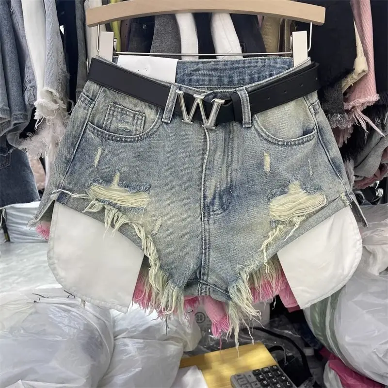 Fashion Women Denim Shorts Leaky Pocket Worn Washed Retro Sexy A Word Denim Super Shorts
