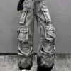 Vintage Fashion Women's Gradient Multi Pockets Jeans 2024 Winter New High Waist Buttons Cargo Denim Pants Female