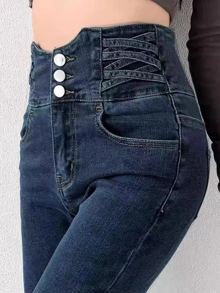 Korean Design High Waist Pencil Jeans Women Vintage Skinny Stretch Denim Pants Spring Fall Casual Streetwear Slim Kot Pantolon