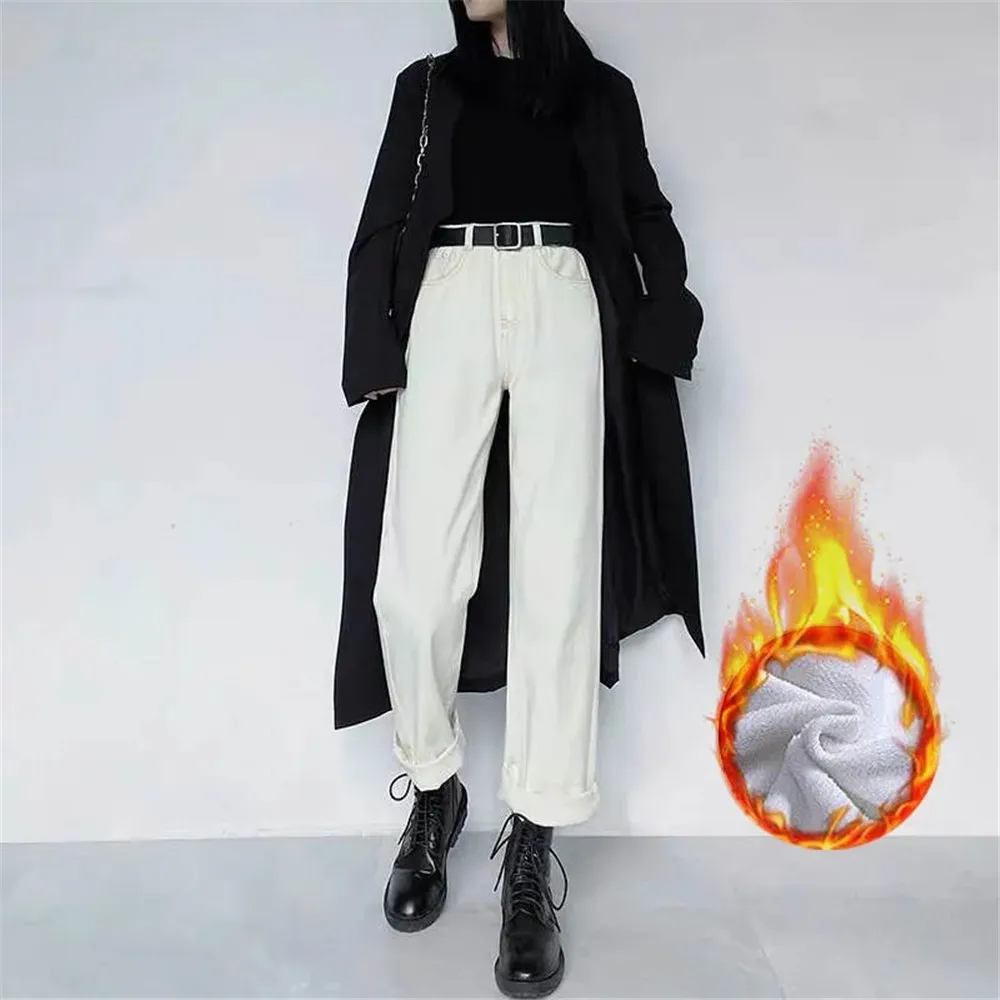 Winter Women Thermal Harem Straight Jeans Snow Warm Plush Stretch Vintage White Blue Harem Jeans Streetwear Pants Loose Trousers