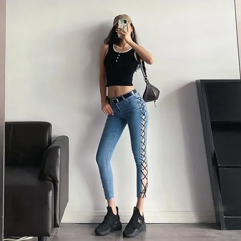Blue Womens Jeans Skinny with Pockets Slim Fit Pants for Women Hippie Gyaru Streetwear Cowboy Japanese Y2k A Summer 90s Trousers