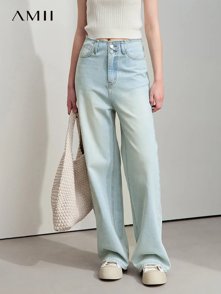 Amii Minimalist 2025 Spring New Women's Lazy Drape Old Loose Wide Leg Rough Edge Waist Line Light Blue Denim Trousers