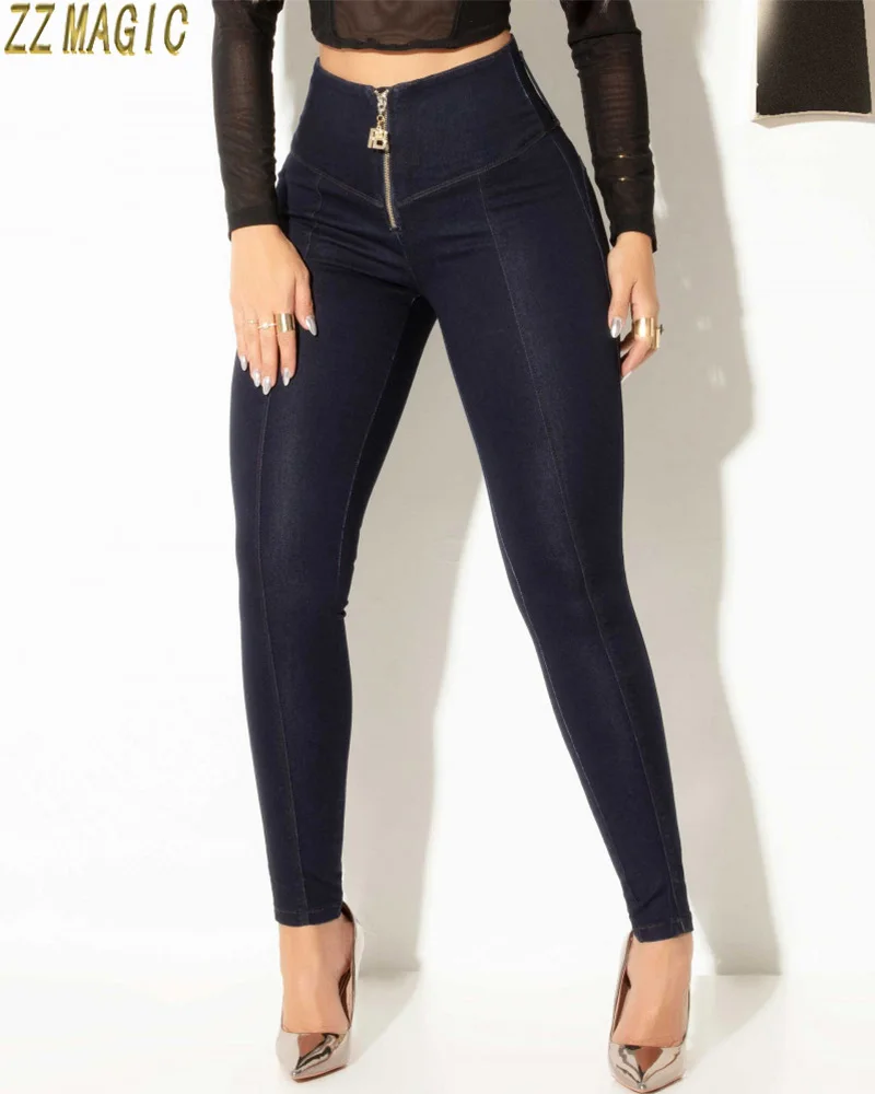 Women's High Waist Skinny Jeans Fashion Stretch Slimming Denim Pencil Pants Female Casual Straight Front Zip Wrap Hips Trousers
