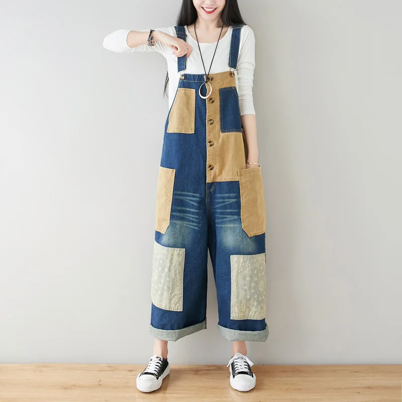 Patchwork Overalls Bleached Women Jean Straight Ankle Length Denim Pants Button High Street Loose Spliced Vintage Jeans 2024