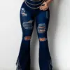 Znaiml Sexy Ripped Hole Denim Jeans Women Fringe Bottom Ruffle Tassels Flare Pants High Waist Bodycon Trousers Streetwear Outfit