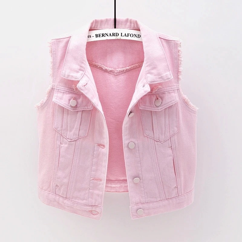Spring Summer Big Pocket Denim Vest Women Slim Short Frayed Cowboy Waistcoat Korean Fashion Pink Sleeveless Jeans Vests Female
