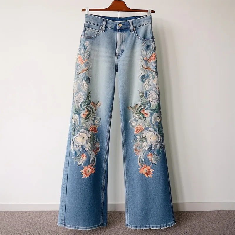 Fried Street Embroidered Flower Straight leg Jeans, Children's Autumn New Popular Wide Leg Pants ripped jeans for women