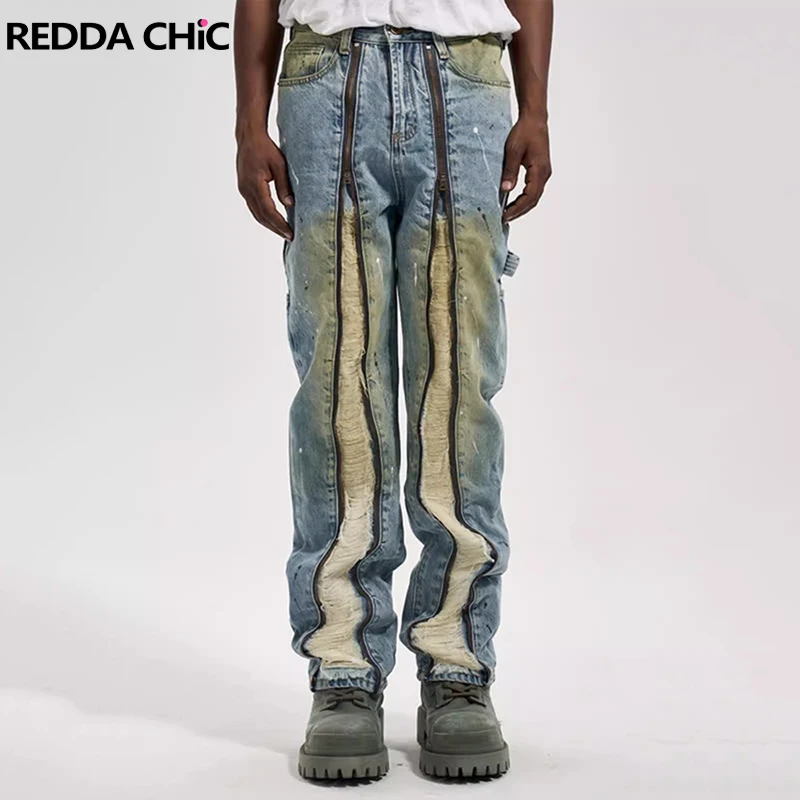 REDDACHIC Frayed Zip-up Men Straight Jeans Splash Ink Torn Ripped Casual Hip Hop Pants Distressed Vintage Y2k Cargo Work Wear