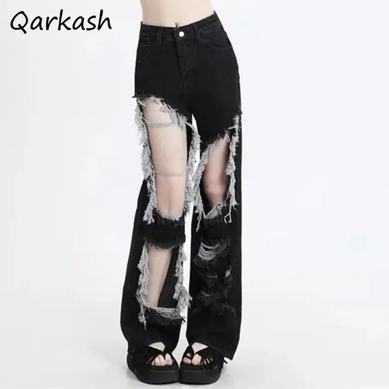 Black Ripped Jeans Women Straight Leg Zipper Buttons Frayed Design American High Street Spring Summer Trendy High Waist Slim