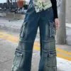 2023 Y2K Streetwear Multi Pockets Washed Blue Baggy Cargo Jeans Pants For Women Clothes Straight Wide Leg Lady Denim Trousers