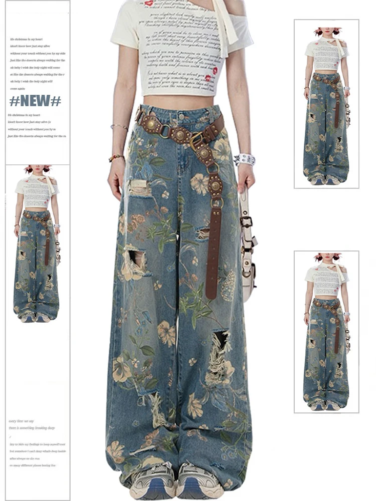 Women Y2k Graphic Print Ripped Jeans Baggy Harajuku 90s Aesthetic Denim Trousers Vintage Japanese 2000s Style Trashy Jean Pants