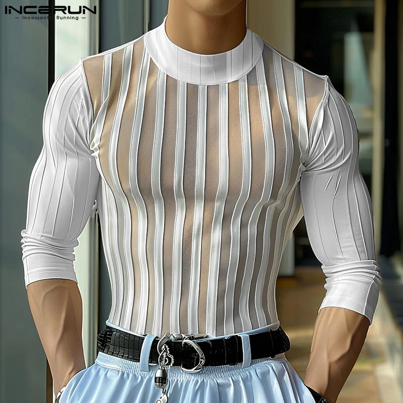 INCERUN Men T Shirt Striped Mesh Patchwork Turtleneck Long Sleeve Men Clothing Streetwear 2024 See Through Fashion Camsietas