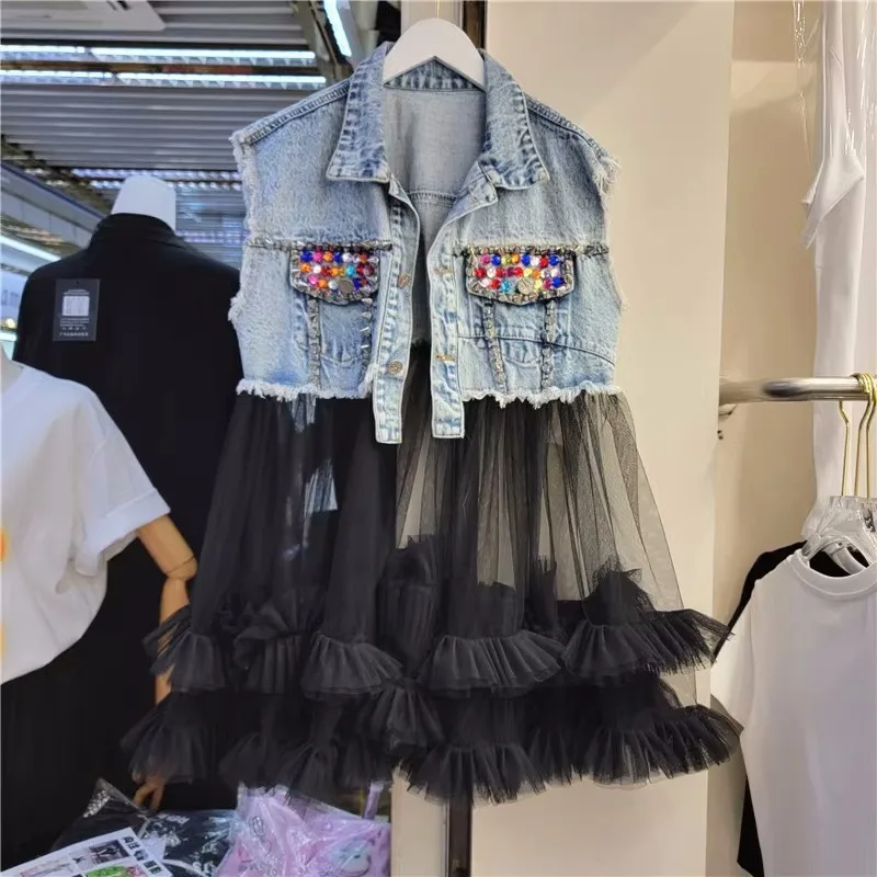 Mid Long Mesh Splicing Denim Vest Women Diamonds Pocket Cowboy Waistcoat Streetwear Slim Frayed Sleeveless Jeans Jacket Female