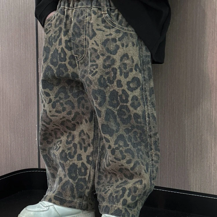 Children's Autumn Pants Boys' Leopard Print Jeans Korean Baby Clothing Kids Handsome Casual and Fashionable Loose Trousers