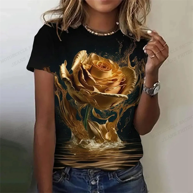 Golden Rose 3d Printed Tshirt Pretty Women's Clothing Female Harajuku Floral Print Tops Tees Ladies O-Neck Short Sleeve T Shirt