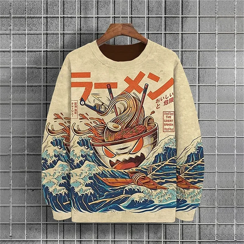 Japanese Ukiyo-e Pattern Sweatshirts For Men Sea Wave Ramen 3D Printed Pullover Autumn New Oversized O-Neck Hoodies Long Sleeves