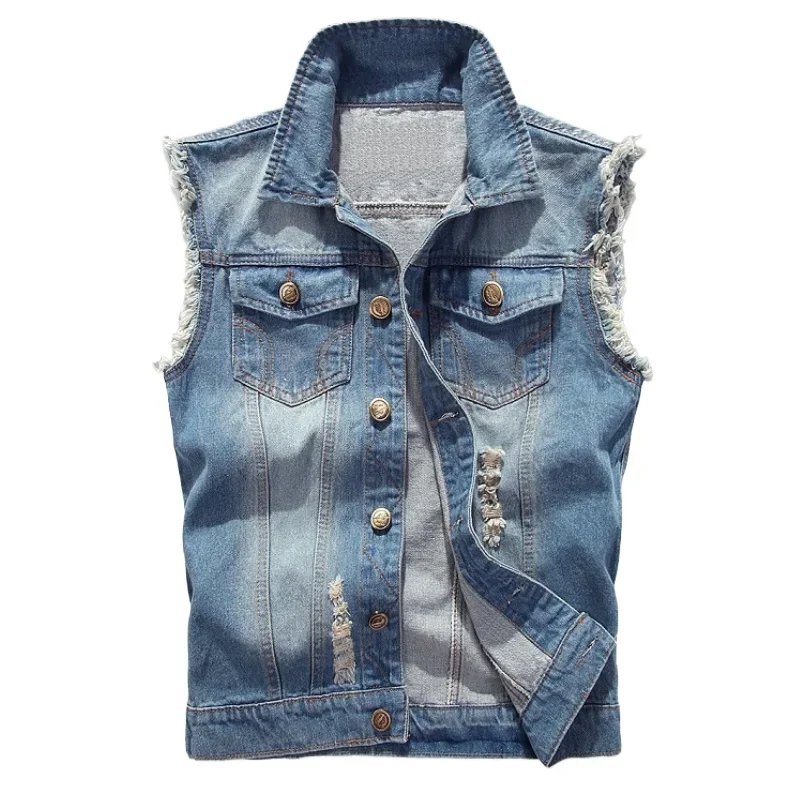 New Blue Denim Vests Men Casual Slim Button Sleeveless Denim Jackets Turn-down Collar Jean Vest for Men Spring Summer Outwear