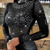 Women's Shiny Rhinestone Bodysuit Sexy Mesh Transparent Long Sleeve Summer