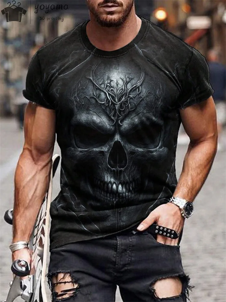 Men's T-Shirt Vintage Punk Short Sleeve Skull Print Men Top Oversized Casual Hip Hop T Shirt Summer O Neck Men's Tee Clothing