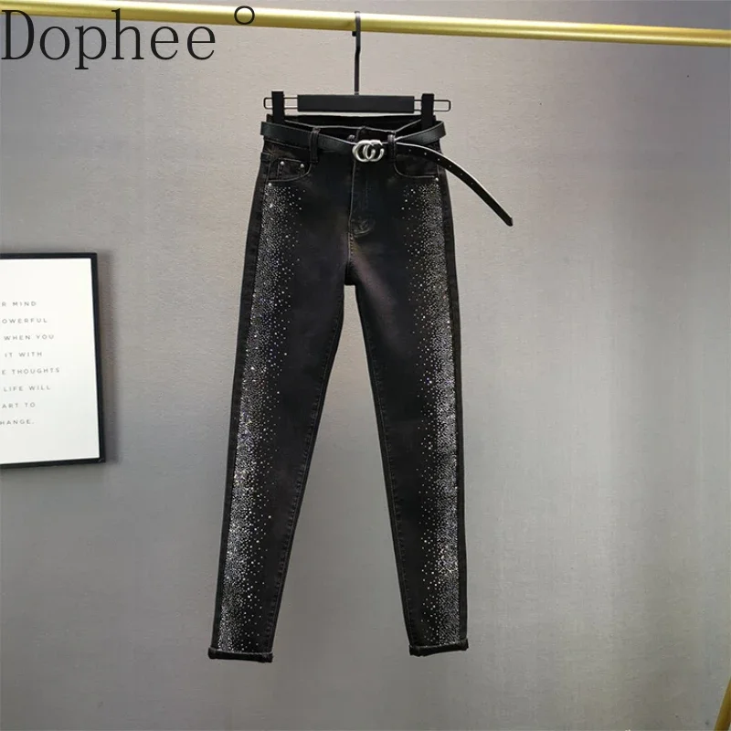Thicken Velvet Autumn Winter Women Jeans 2024 New High Waist Slim Cotton Elastic Denim Pants Shiny Hot Drilling Pencil Pants