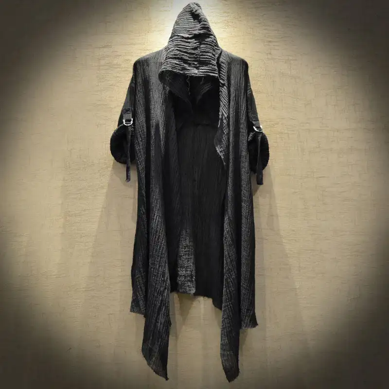 Spring and Summer Men's Black Harajuku Mid Length Loose Casual Long Sleeve Shirt Stage Costume Halloween Costume