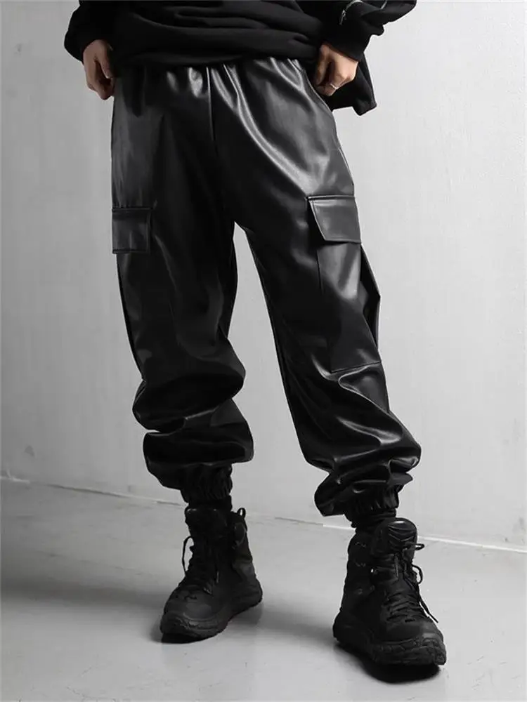 Men's Cargo Leather Pants Fall Winter New Classic Dark Department Fashion Trend Pocket Decoration Loose Oversized Pants