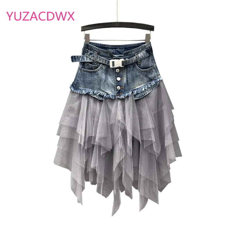High Quality Women Denim Mesh Patchwork Lace Skirt High Waist A Line Asymmetric Frill Tulle Gothic Chic Skirts Faldas Mujer 2022