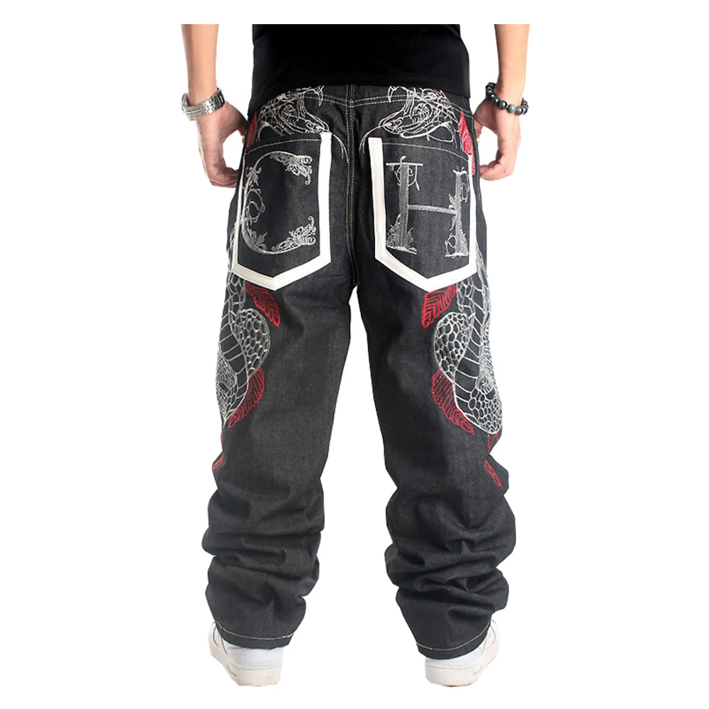 Hip hop jeans streetwear Male plus size loose baggy denim pants Snake embroidery straight long trousers for men