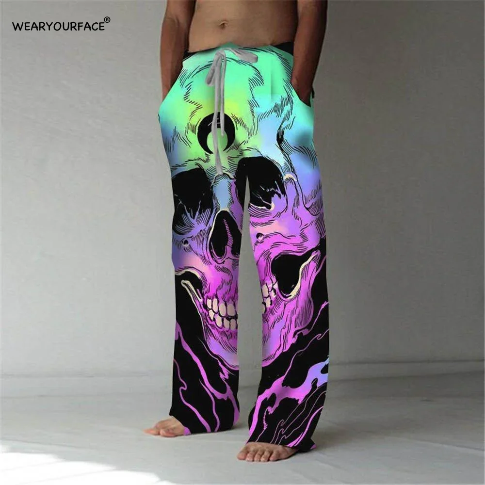 Skull Face Printed Straight Full Length Wide Leg Pants Hipster Fashion Trousers Streetwear Jogger Sweatpants Men Unisex Clothing