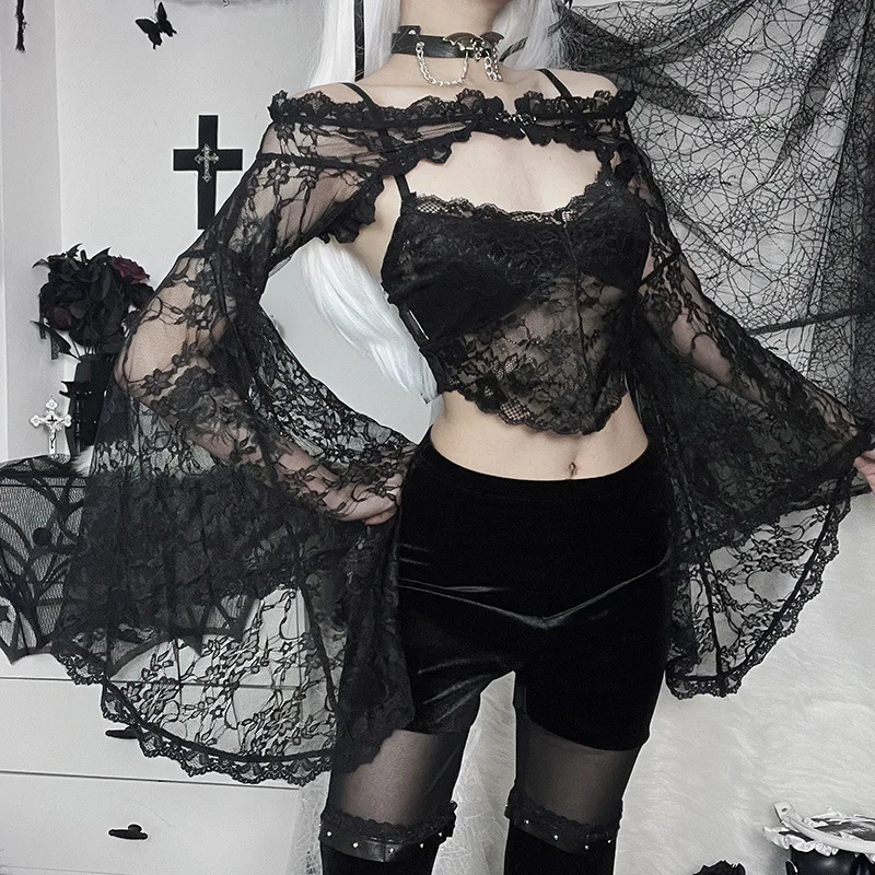 Goth Long Sleeves Smock T Shirt Vintage Black Lace One Shoulder Grudge Aesthetic Overall Y2K Crop Top 2023 - Image 2