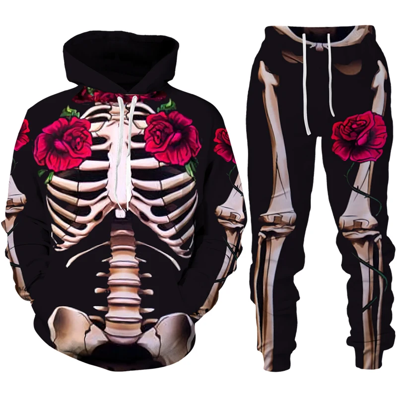 Horror Skeletal 3D Print Men's Tracksuit Set Funny Halloween Skull Cosplay Hoodie+Pants 2pcs Sets Oversized Pullover Streetwear