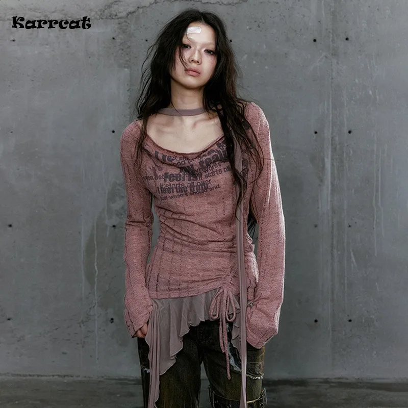 Karrcat Grunge Aesthetics Knitted Tops Trashy Y2k Graffiti Print T-shirt Vintage Punk Irregular Patchwork Knitwear High Street