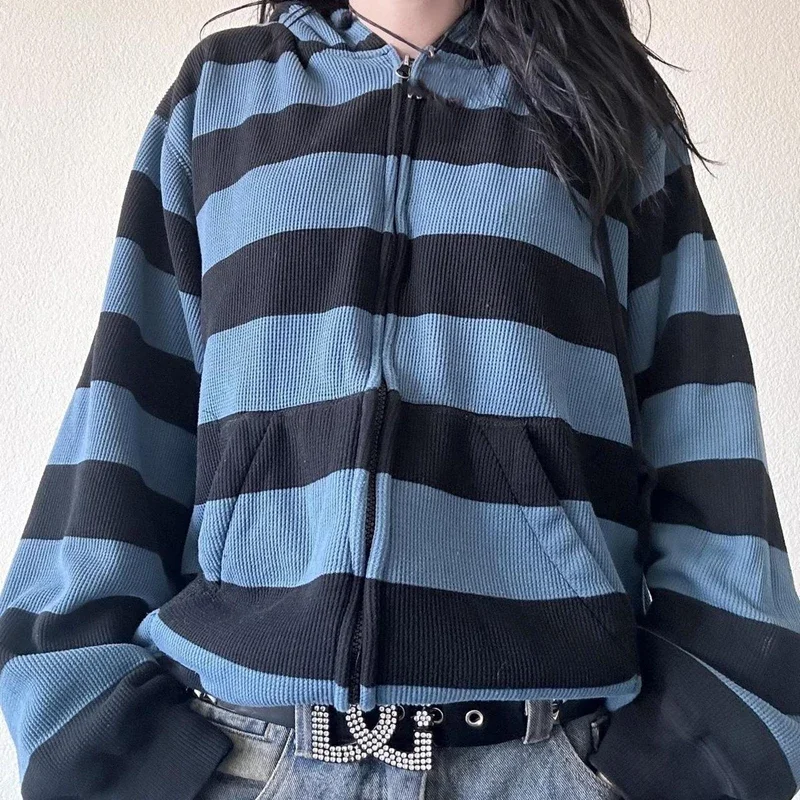 Y2k Harajuku Preppy Striped Zip Up Sweatshirts Cyber Grunge Mall Goth Loose Fit Coats Vintage Cottage Hooded Women Clothes