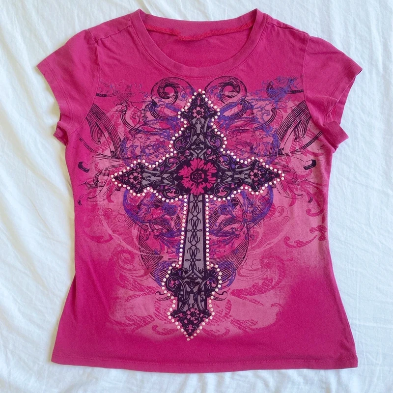 Japanese Kawaii Grunge Baby Tees 2000s Retro Cyber Y2K Cross Print T-shirt Mall Goth Vintage Short Sleeve Crop Tops Streetwear