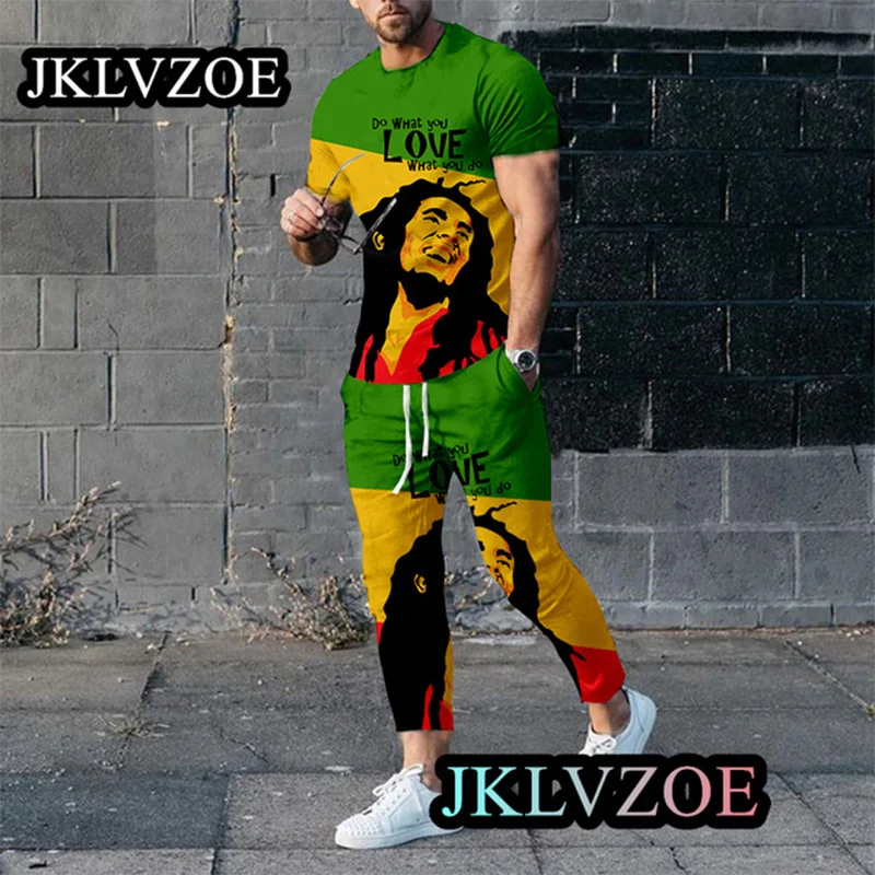 Men's Trousers Tracksuit Bob Marley Jogger Sportswear Short Sleeve T Shirt+Long Pants Casual Suit Reggae Music Male Clothes