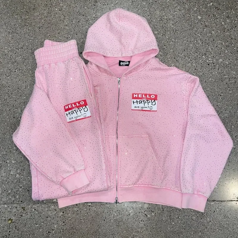 2025 Hip-hop Rock Street Fashion Brand Pink Suit Hoodie Trousers Men Y2k Harajuku Retro Gothic Punk Zipper Sweatshirt Women