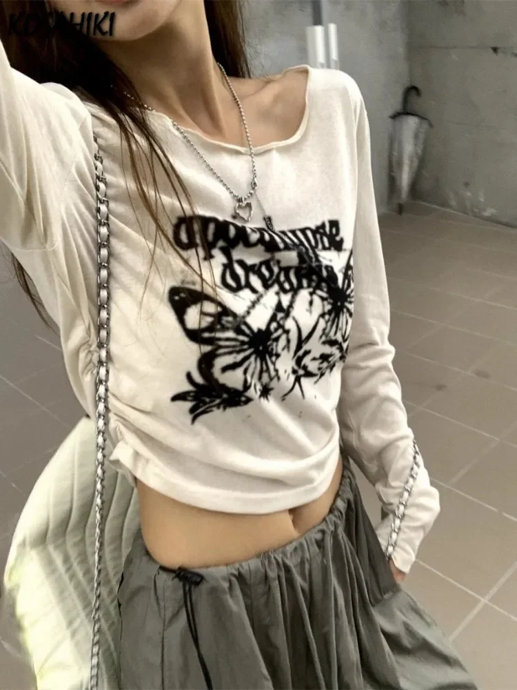 Sexy Pleated Grunge Tee Shirts Femme Slim Fit Y2k Aesthetic Letter Print Long Sleeve Cropped Top Women Fashion All Match T-shirt