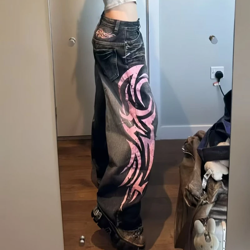 Y2K American Vintage Mottled Totem Print Baggy Jeans Women's High Waist Wide Leg Jeans Women's Harajuku Trendy Hip-hop Jeans