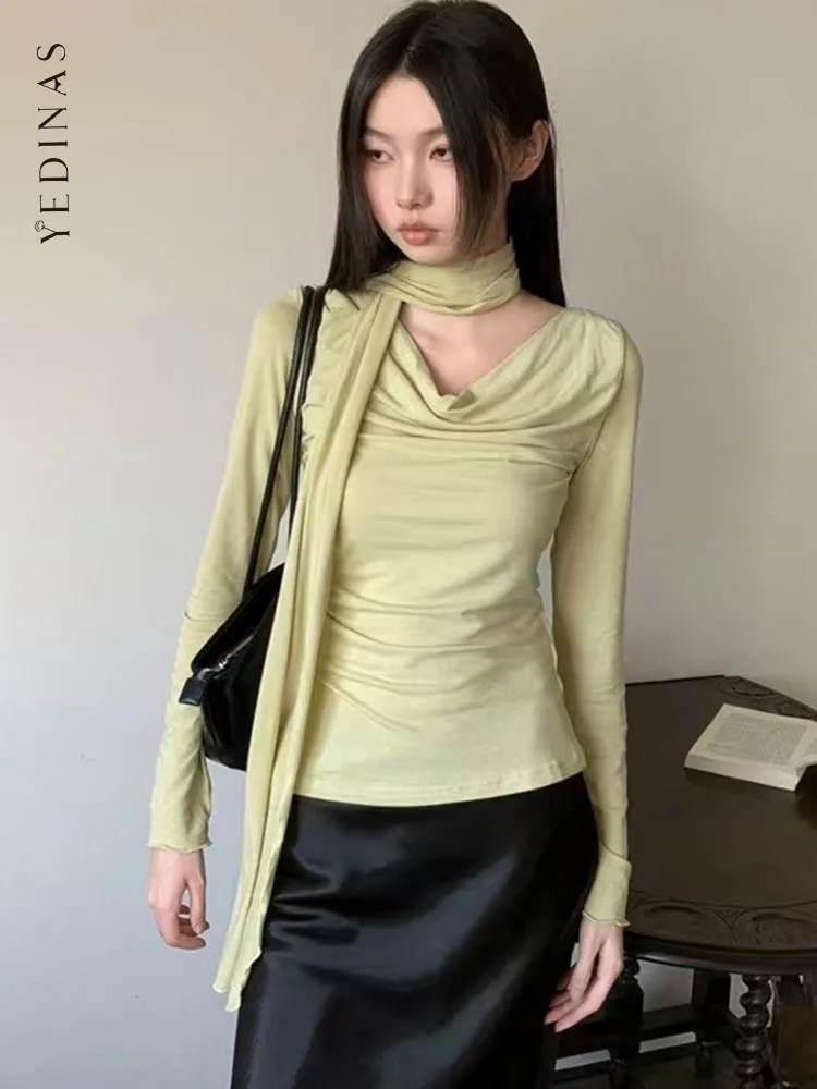 Yedinas Fairycore Halter T Shirt Women Clothes Long Sleeve Korean Fashion Chic Solid Tees Shirt Femme Design Ladies Tops Y2k