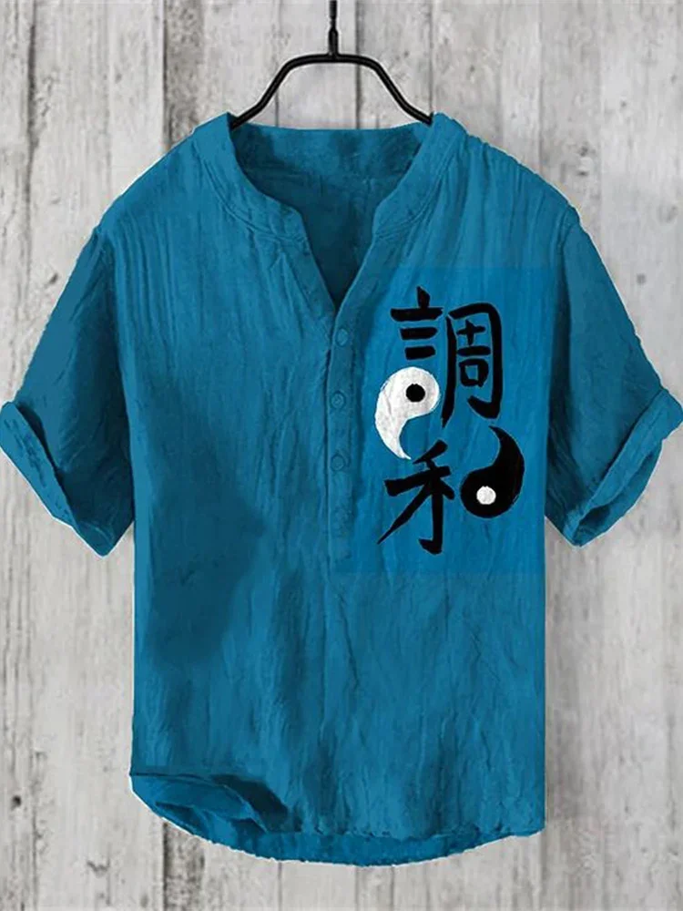 Cross border e-commerce clothing factory ethnic style Chinese character printing men's Hawaiian shirt casual short sleeved