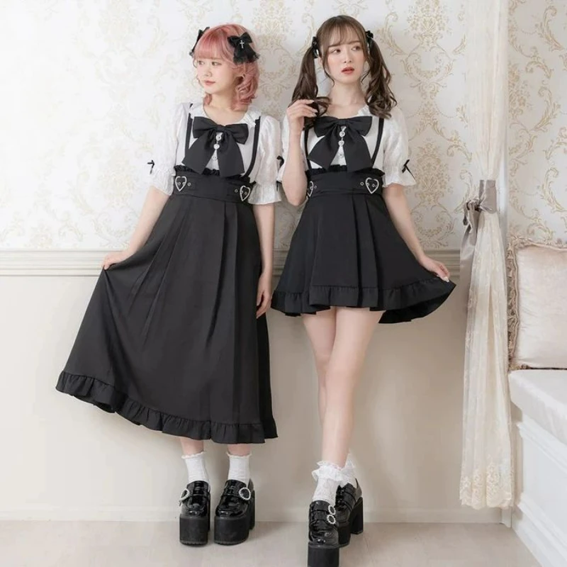 Dark Gothic Y2k Lolita High Waist Pleated Skirt Women Chic Love Buckle Ruffle Short Skirt Korean Fashion A-Line Long Strap Skirt
