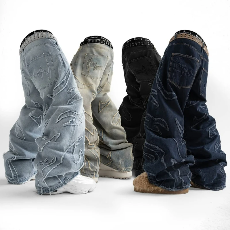 Y2K Essence Baggy Jeans Washed Vintage Patches Embroidery Unisex Streetwear Gothic High Street Heavyweight Casual Straight Pants