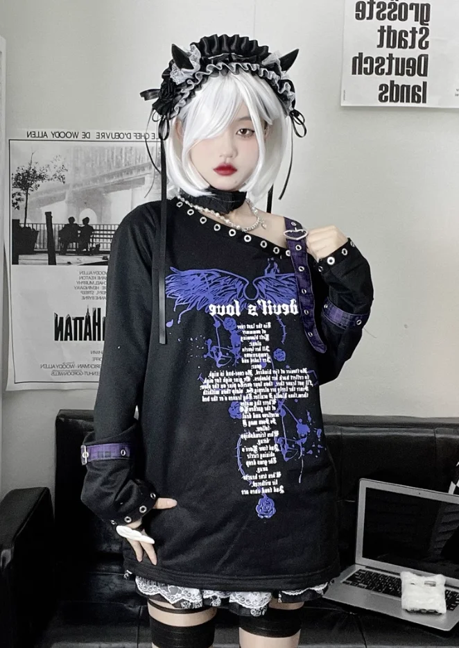 Y2k Aesthetic Punk Off Shoulder T-shirt Loose Gothic Printing Harajuku Tshirts Grunge Vintage Streetwear Patchwork Tee Shirts