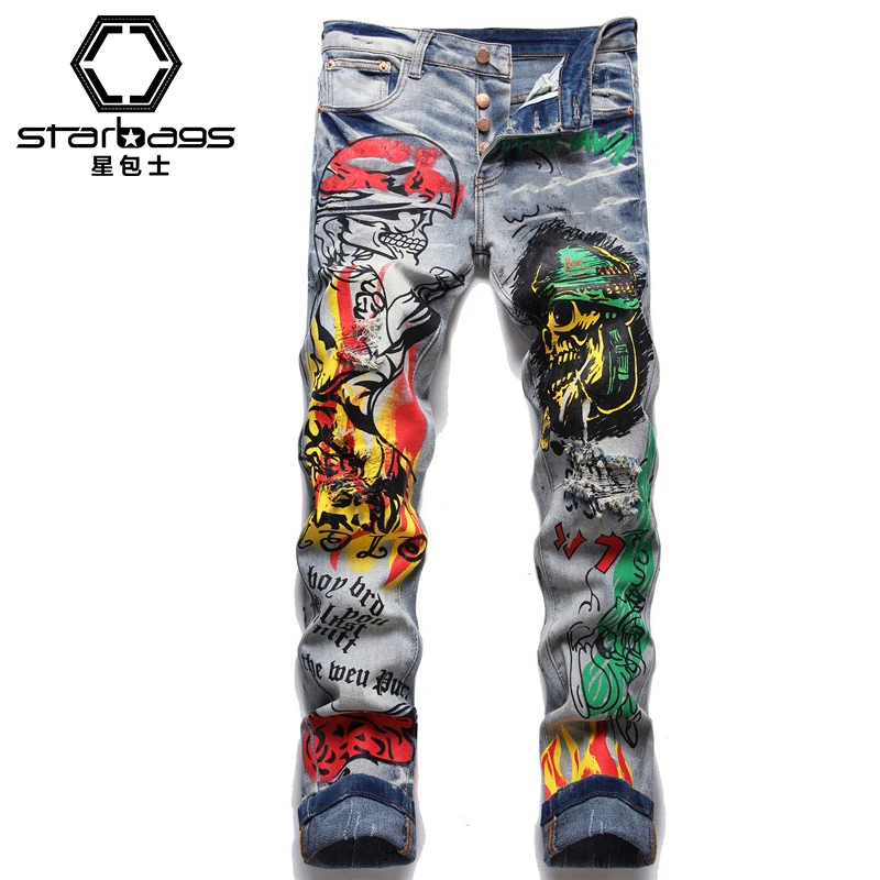 Men's Jeans on AliExpress Hot selling Italian Design Handmade Painted Punk Style Men's pants Painted Graffiti Mid Waist Casual