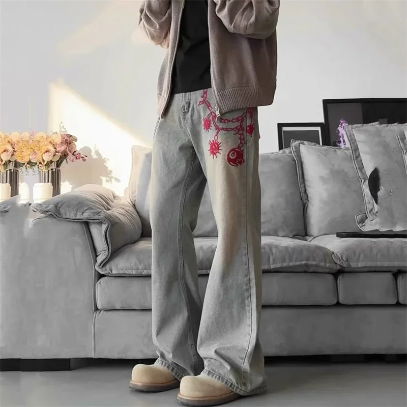 New Cartoon Chain Meteor Hammer Print Y2K Jeans For Men Vintage Wide leg Denim Trousers High Street Washed Distressed Baggy Jean