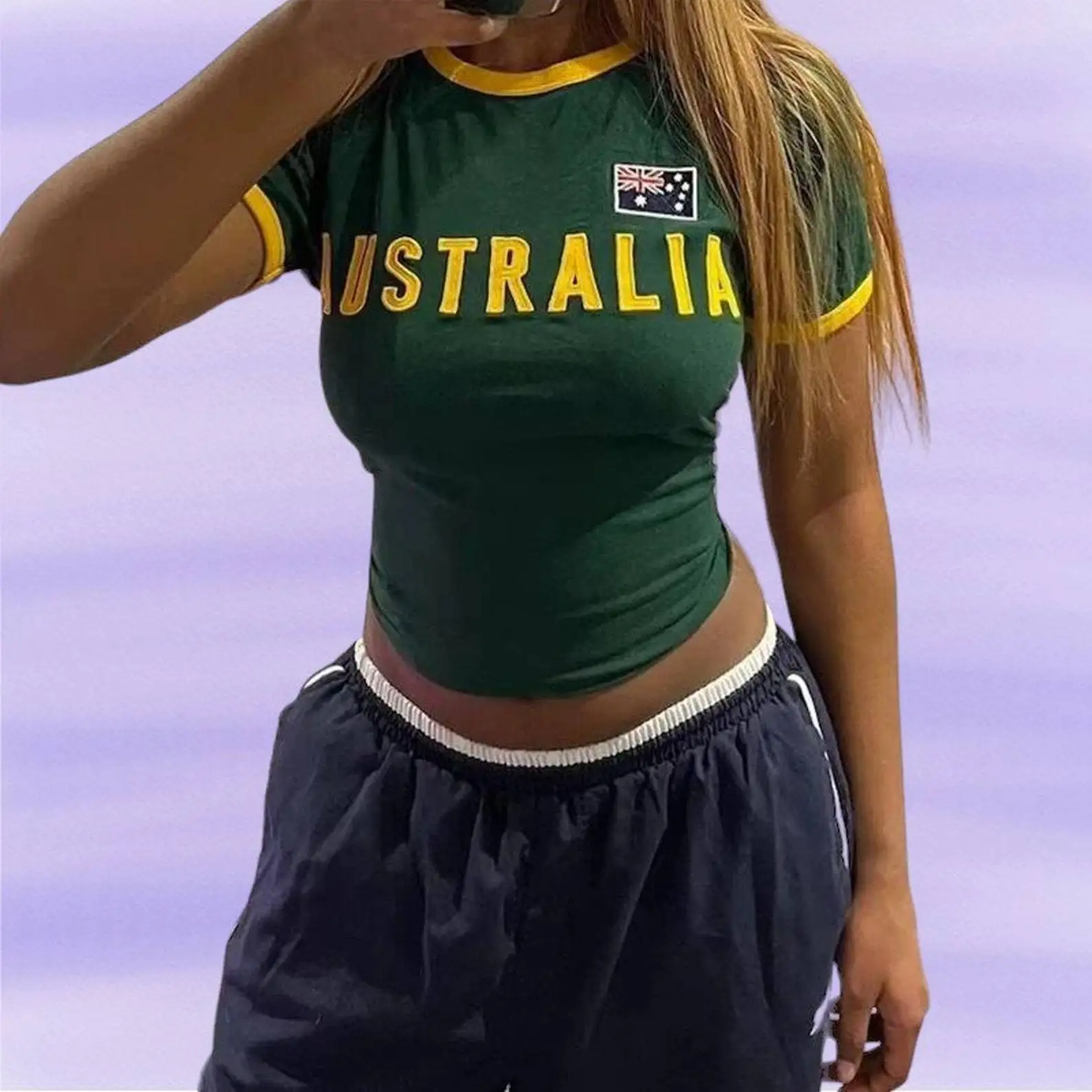 Y2k Aesthetic Women Australia Embroidery T-shirt Gothic Crop Tops Streetwear Grunge Baby Tee Vintage Casual Short Sleeve Clothes