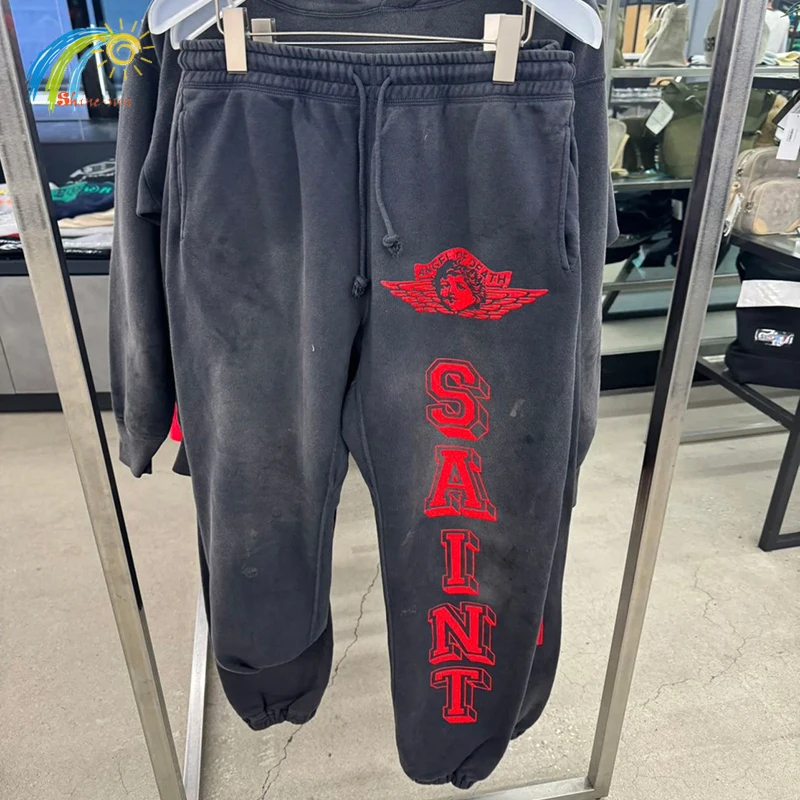 Classic Red Letter Print Saint Sweatpants Men Women High Quality Jogger Drawstring Casual Pants Vintage Washed Black Trousers