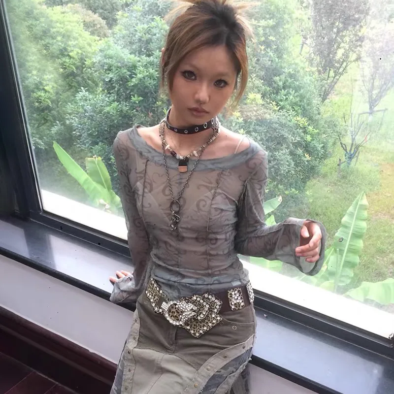 Karrram Grunge Aesthetics Mesh Tops Japanese Y2k Sheer Tops Vintage Harajuku See Through Crop Top Korean Fashion Tie Dye T-shirt - Image 5