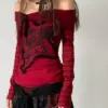 HOUZHOU Gothic Off Shoulder Women T-shirts Red Harajuku Striped Japanese Y2k AestheticLong Sleeve Tops Vintage Goth Sexy Tshirts