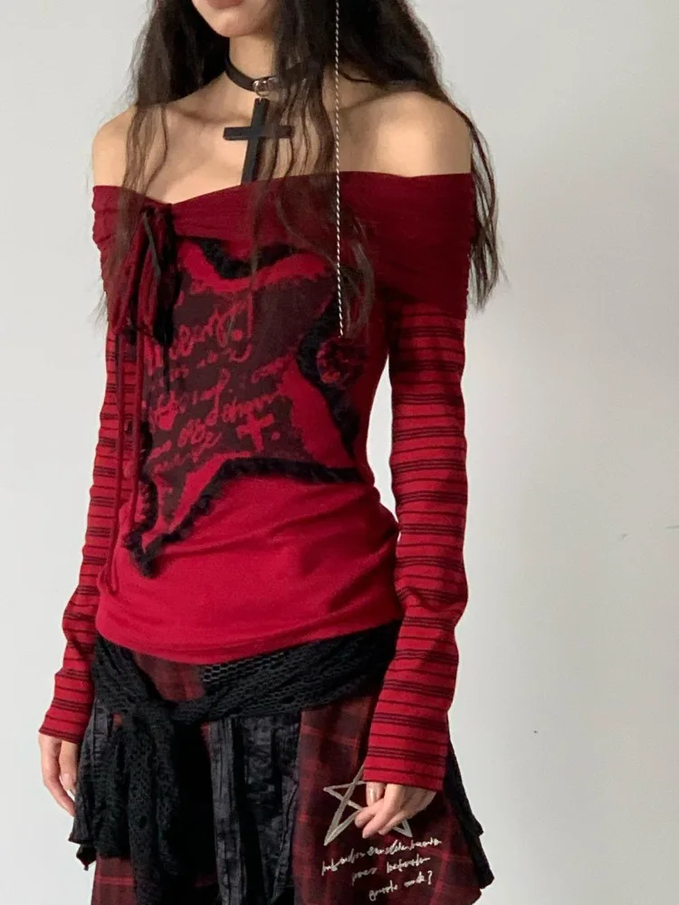 HOUZHOU Gothic Off Shoulder Women T-shirts Red Harajuku Striped Japanese Y2k AestheticLong Sleeve Tops Vintage Goth Sexy Tshirts
